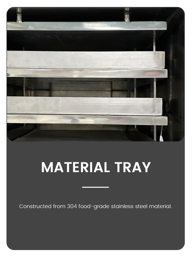 Infographic card illustrating layered 304 food-grade stainless steel material trays inside a vacuum freeze dryer lyophilizer.